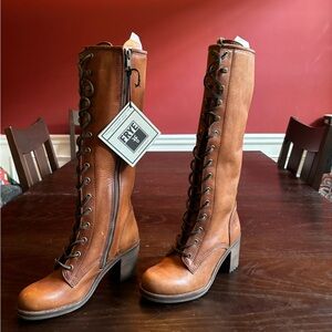 Frye Karen Lace Up Tall leather boots.  Cognac.  Size 6.5.  Never worn w/tags.